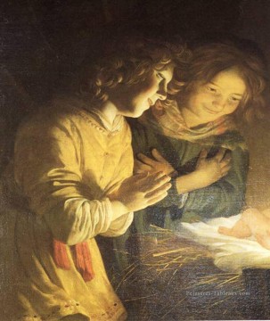 Adoration de l’enfant à la chandelle Gerard van Honthorst Peinture à l'huile